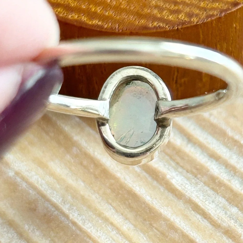 Sterling Silver 925 Oval Opal Ring Size 8.75 Stackable Minimalist Gemstone Band